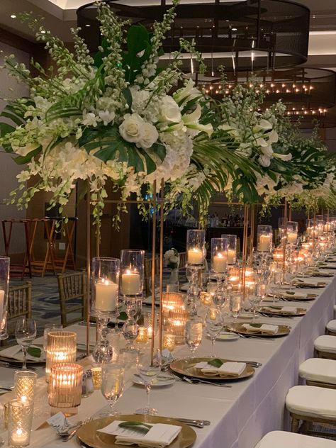 Wedding Imperial Table Decorations, Wedding High Top Table Flowers, Gold Green Ivory Wedding, Nigerian Wedding Reception Decoration, High Flower Centerpieces Wedding, Emerald Green And Gold Wedding Decor Wedding Table Decor, Emerald Wedding Centerpieces, Emerald Wedding Decor, Nigerian Wedding Decor