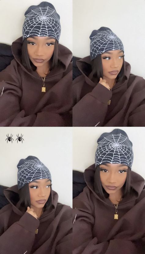 Black And White Beanie Outfit, Cool Beanies Aesthetic, Y2k Beanie Outfit, Beenie Outfit, White Beanie Outfit, Aesthetic Beanies, Black Beanie Outfit, Spider Web Beanie, Beanie Aesthetic