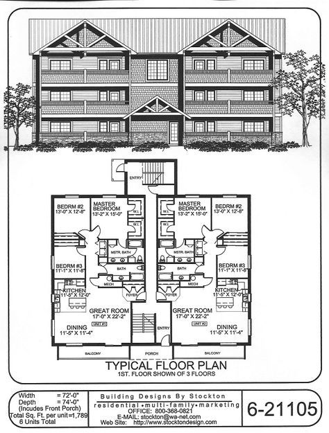 6-plex bigger unit, 3 bar 72x74 Studio Floor Plans, Small Apartment Building, Duplex Floor Plans, One Level Homes, House Plans Ideas, Little House Plans, Vintage House Plans, Duplex House Plans, Apartment Floor Plans