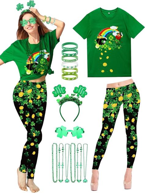 16 Pcs St Patricks Day Women Costume Shiny Lucky Shamrock T shirts Irish Leggings Funny Costume Accessories Set Beaded Shamrock, Irish Festival, St Patrick's Day Costumes, Women Costume, St Patrick's Day Outfit, Festival Theme, Green Accessories, T Shirts Funny, Funny Costumes