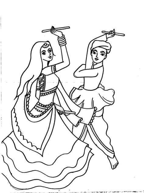 Garba Painting Navratri, Dandiya Drawing For Kids, Dandiya Painting, Navratri Festival Drawing, Dandiya Images, Rajasthani Women Painting, Dandiya Drawing, Garba Drawing, Navratri Drawing