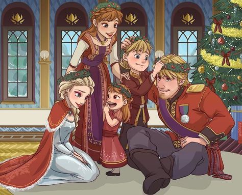 Anna, Kristoff, Elsa and Anna's children. Fan Art Disney, Anna Kristoff, Frozen Fan Art, Princesas Disney Anime, Idina Menzel, Disney Couples, Bujo Inspiration, Disney Family, Disney Kids