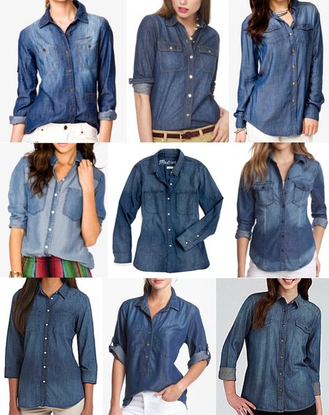 Jean Shirt With Jeans Outfit, Jeans Shirt Outfit Woman, Blue Jean Shirts For Women Outfit, Blue Jeans Shirt Outfit, Jean Shirt With Jeans, Dark Denim Shirt Outfit, Dark Blue Shirt Outfit, Demin Shirt Outfit, Denim Flannel Outfit