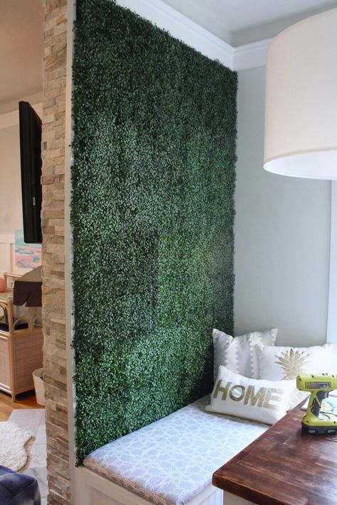 Boxwood Hedge Wall Inside Your Home Boxwood Accent Wall, Living Wall Diy, Boxwood Hedge Wall, Diy Neon Sign, Artificial Grass Wall, Grass Wall, Diy Accent Wall, Artificial Boxwood, Inspire Me Home Decor