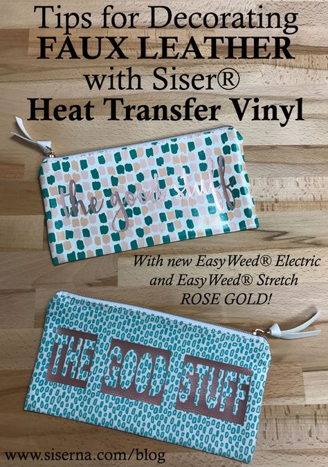 Need to know tips for heat applying HTV to faux leather, so your project comes out perfect! If you have a home iron or heat press you can decorate faux leather with Siser® Heat Transfer Vinyl in our latest color Rose Gold! Cosmetic Bags Diy, Cricut Leather, Htv Projects, Vinyl Creations, Dremel Projects, Diy Leather Projects, Silhouette Curio, Cricut Air, Silhouette Cameo Tutorials