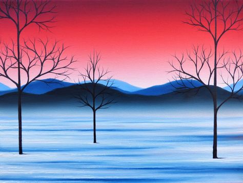 Winter Landscape Art Print, Giclee Print of Snowy Landscape Oil Painting, Contemporary Art, Red Sky Wall Art, Trees Modern Snowscape Art by BingArt on Etsy Winter Landscape Art, Painting Contemporary Art, Oil Painting Nature, Winter Landscape Painting, Contemporary Landscape Painting, Snowy Landscape, Bare Tree, Photoshop Painting, Oil Painting For Sale