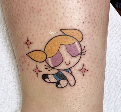 Groovy Chick Tattoo, Bubbles Tattoo Powerpuff, Bubbles Powerpuff Tattoo, Powerpuff Girls Tattoo, Powerpuff Bubbles, Bubble Tattoo, Cartoon Tattoo Ideas, Power Puff Girls Bubbles, Animated Shows