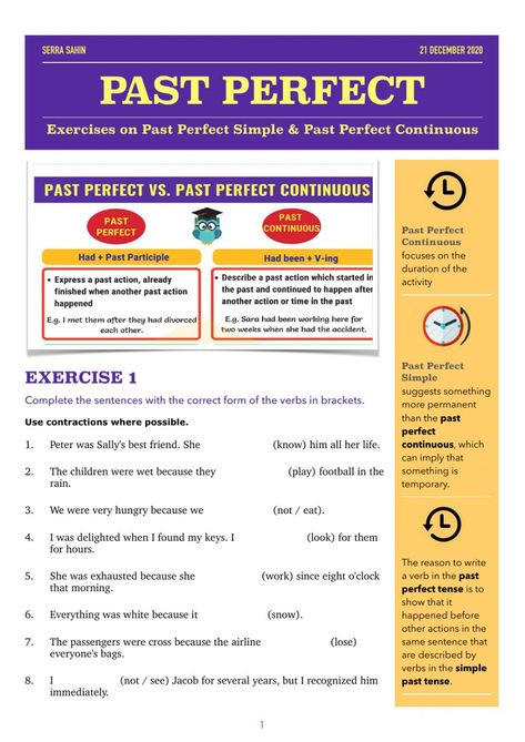 Past Perfect Continuous Worksheets, Past Perfect