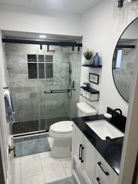 Condo Bathroom Ideas, Small Full Bathroom Remodel, Masculine Bathroom Design, Bathroom Wall Tile Design, Restroom Remodel, Grey And White Bathroom, Small Full Bathroom, Half Bathroom Decor, Condo Bathroom