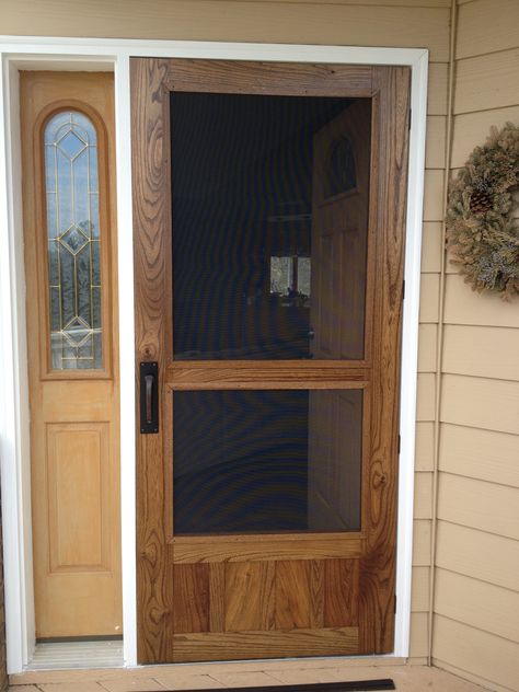 Wood screen door built with my dad. Wood Front Door With Screen Door, Screen Front Door, Wooden Screen Door Ideas, Wooden Front Door With Screen Door, Cabin Screen Door, Log Cabin Front Door With Screen Door, Cottage Style Screen Door, Wood Screen Door With Dog Door, Glass Screen Door