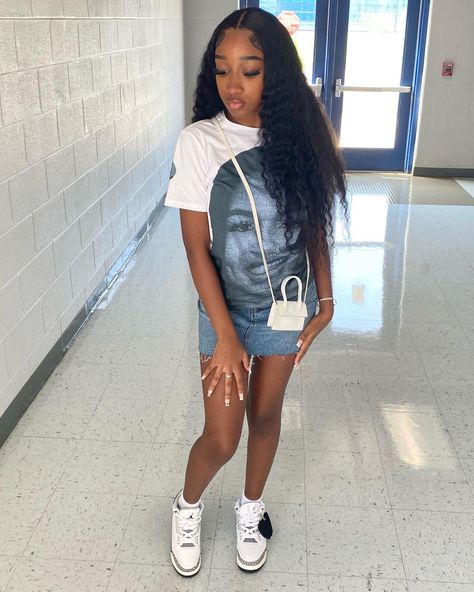 Outfits With Jordan 3 White Cement, Jean Skirt With Jordans Outfit, Jean Shorts With Jordans Outfit, Hide And Sneak Jordan 3, Navy Jordan 3 Outfit, Hide And Seek Jordan 3, Jordan 3 Outfits Black Women, Hide N Seek 3s Outfit, Jordan 3 White Cement Outfit Women