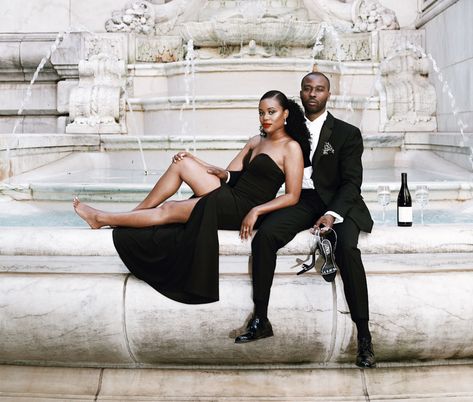 City Engagement Photos Black Couple, Luxury Engagement Photos, Engagement Photo Inspiration Fun, Romantic Photoshoot Ideas, Elegant Couple Photoshoot, Black Couple Engagement Photoshoot, Black Engagement Photos, Glam Engagement Photos, Prewedding Pictures