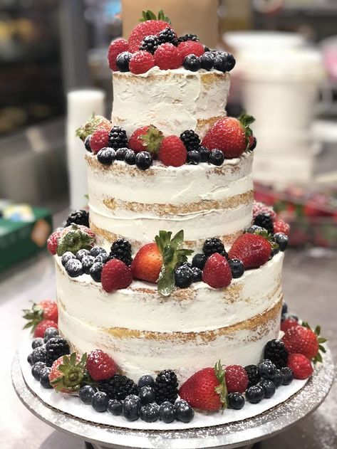 3 tier berry chantilly cake with strawberries, blueberries, and raspberries. stock photo by jazzy12345. Download images and pictures from Foap's community of p Berry Chantilly Cake, Palmer Ak, Chantilly Cake, Blueberries And Raspberries, Quince Cake, Cake With Strawberries, Tiered Cakes Birthday, Pinterest Cake, 3 Tier Cake