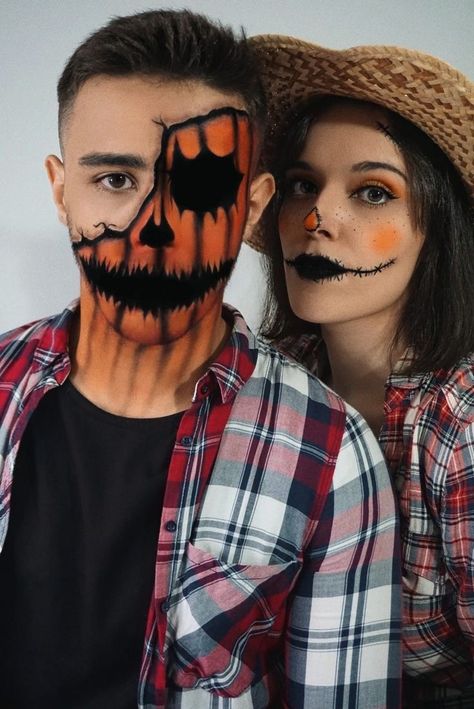 Couple Face Painting, Face Paint Couple Costume, Pumpkin Face Makeup Men, Men Pumpkin Makeup, Guy Scarecrow Makeup, Halloween Makeup Looks For Couples, Couple Scarecrow Costume, Couples Halloween Face Paint Ideas, Couple Halloween Makeup Ideas