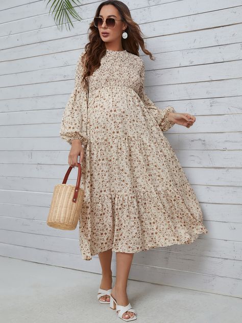 SHEIN Maternity Ditsy Floral Print Lantern Sleeve Shirred Dress Modest Maternity Outfits, Pregnancy Ootd, Indian Maternity Wear, Indian Maternity, Boho Maternity Dress, Winter Maternity Outfits, Long Sleeve Maternity Dress, Shein Maternity, Maternity Dresses Summer