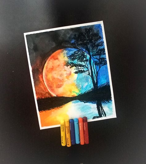 Oil Pastels For Beginners, Pastels For Beginners, Moonlight Landscape, Drawing With Oil Pastels, Oil Pastel Art, Night Scenery, Painting Art Lesson, Landscape Scenery, Oil Pastels