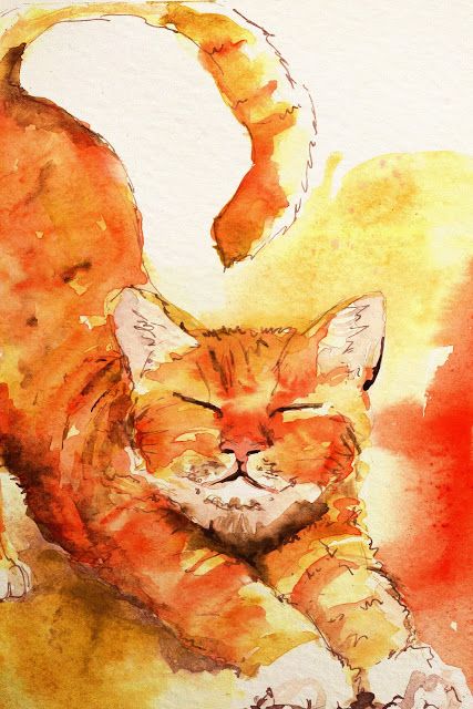 Watercolour Cat, Illustration Art Nouveau, Cat Stretching, Cat Art Illustration, Orange Cats, Cat Artwork, Watercolor Cat, Orange Art, Cats Illustration