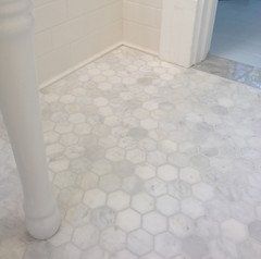 White or light gray grout for carrera marble tile floor? Marble Tile Bathroom Floor, Carrera Marble Bathroom, Hexagon Tile Bathroom, Best Bathroom Flooring, Marble Bathroom Floor, Hexagon Tile Floor, Floor Grout, Marble Tile Bathroom, Grey Grout