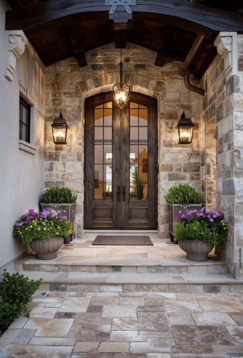 Stone Sidewalk, Exterior Entryway Ideas, Dream House Entrance, Game Room Ideas, Mediterranean Homes Exterior, Tuscan Style Homes, Transitional Exterior, Hacienda Style Homes, Beautiful Front Doors