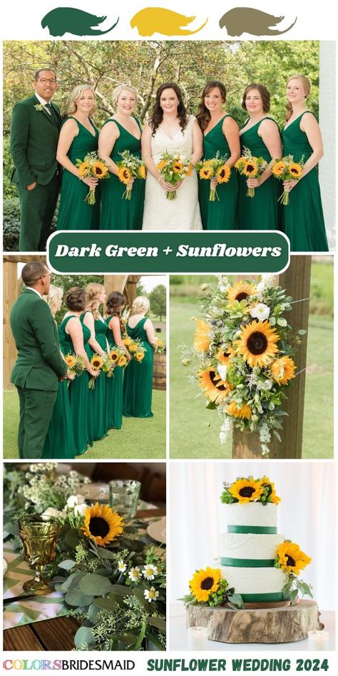 Dark Green Sunflower Wedding Colors 2024：dark green bridesmaid dresses, and accessorize with yellow sunflower bouquets, white wedding cake topped with sunflowers and dark green ribbons. Incorporate sunflowers into your floral arrangements, including centerpieces and wedding arch. #bridesmaiddresses #weddingcolors #weddingideas #sunflowerweddings #greenwedding #darkgreenwedding #colsbm #2024 Hunter Green Sunflower Wedding, Dark Green And Sunflower Wedding, Green Sunflower Wedding, Sunflower Wedding Colors, Orchid Bridesmaid Dresses, Royal Blue Wedding Theme, Green Sunflower, Wedding Color Palette Summer, Dark Green Wedding