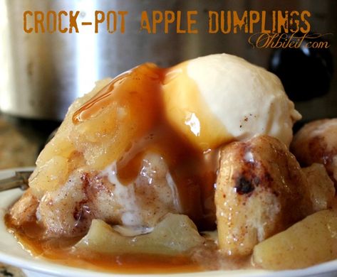 Crock Pot Apple Dumplings. Ingredients: refrigerator biscuits, apple pie filling, apple pie spice, ice cream and caramel Apple Dumplings Crockpot, Winter Holiday Desserts, Refrigerator Biscuits, Fun Easy Desserts, Stuffed Apples, Fall Desserts Apple, Crockpot Apple, Easy Homemade Ice Cream, Crock Pot Food