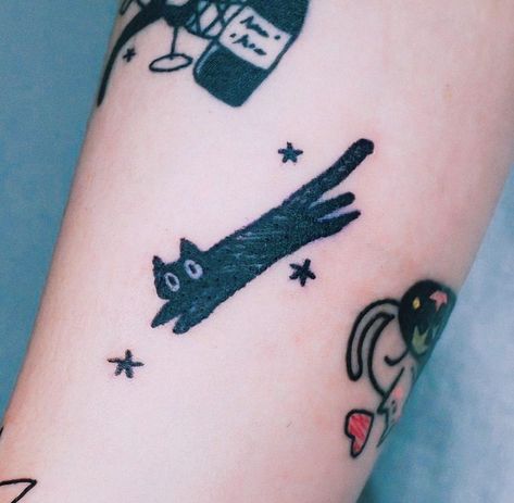 Black Cat Tattoo | tattoo ideas by  Kearra Starkey Cat Tattoo Inspiration, Cat Arm Tattoo, Silly Cat Tattoo, Cat Flash Tattoo, Silly Tattoo Ideas, Silly Matching Tattoos, Matching Cat Tattoos, Silly Tattoos, Filter Tattoo