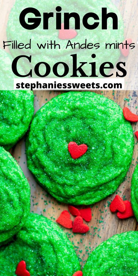 These Grinch green sugar cookies are loaded with Andes mints. They are topped with a giant heart and rolled in green sugar sprinkles. Cookies With Andes Mints, Christmas Grinch Cookies, Green Sugar Cookies, Grinch Cookies Recipe, Andes Mint Cookies, Andes Mints, Grinch Cookies, Best Christmas Desserts, Andes Mint