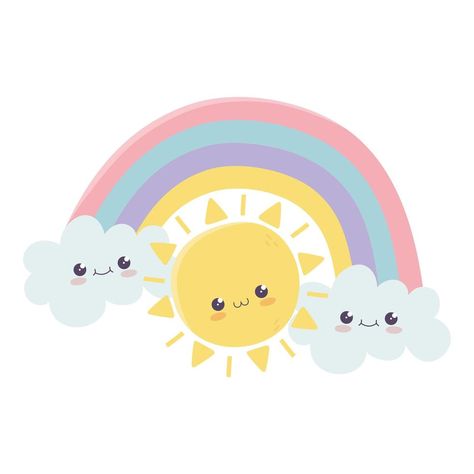 lindo sol arco iris nubes hola kawaii personaje de dibujos animados Kawaii Cloud, Rainbow Drawing, Cloud Theme, Cute Bakery, Rainbow Cartoon, Kawaii Rainbow, Cartoon Sun, Cloud Illustration, Rainbow Clouds