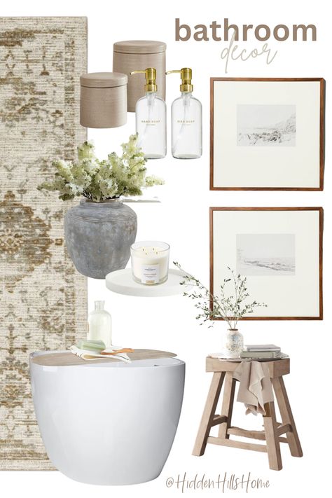 Trendy bathroom decor ideas to elevate your bathroom Bathroom Decor Transitional, Studio Mcgee Bathroom Decor, Guest Bathroom Styling Ideas, Guest Bathroom Ideas Rental, Boho Wall Decor Bathroom, Country Guest Bathroom Ideas, Spa Neutral Bathroom, Staging Bathroom Counter, Neutral Bathroom Artwork