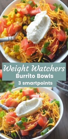 Weight Watcher style low point burrito bowls. Can be made with cauliflower rice to make them 0 smart points. #weightwatchers #burrito Smart Points Recipes, Weight Watchers Meal Plans, Weight Watchers Recipes Desserts, Weight Watcher Dinners, Burrito Bowls, Points Recipes, Weight Watchers Desserts, Weight Watchers Diet, Burrito Bowl