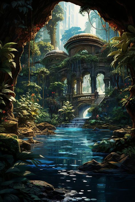 Water Land Fantasy Art, Water Temple Fantasy Art, Magical Island Art, Waterfall Cave Fantasy Art, Mysterious Island Aesthetic, Fantasy Water Aesthetic, Water World Fantasy Art, Water Village Fantasy Art, Fantasy Waterfall Art