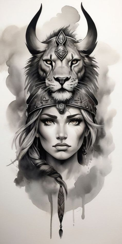 Warrior Woman With Lion, Girlhead Tattoo, Woman Warrior Tattoo Goddesses, Lion Head Tattoo Design, Woman Warrior Tattoo, Tattoo Goddesses, Head Tattoo Design, Female Warrior Tattoo, Viking Warrior Woman