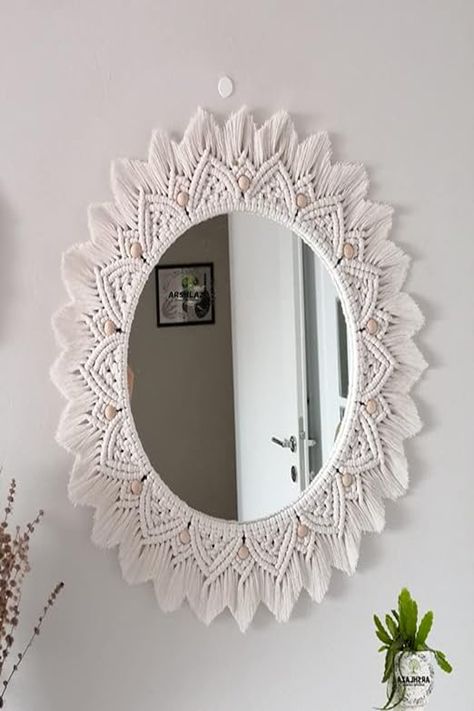 Macrame Hanging Wall Mirror with Macrame Round Mirror Art Boho Decor Macrame Decorative Mirror [M9] framed, off-white Macrame Mirror Wall Hanging, Round Macrame Wall Hanging, Bohemian Headboard, Macrame Round, Round Hanging Mirror, Bead Macrame, Boho Baskets, Baskets Diy, Wall Hanging Mirror