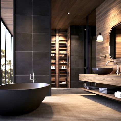 Guys Bathroom Ideas Modern, Black And Dark Wood Bathroom, Dark Zen Bathroom, Bathroom Inspo Modern, Dark Luxury Bathroom, Dark Bathroom Aesthetic, Modern Masculine Bathroom, Modern Masculine Bedroom, Dark Modern Bathroom