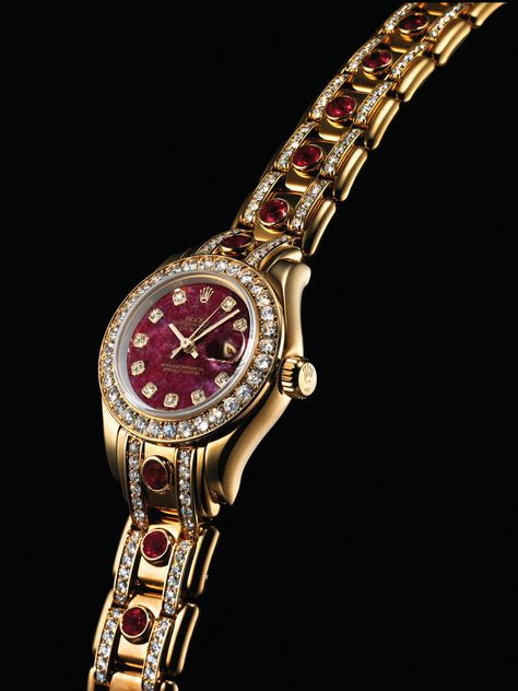 ROLEX. A LADY'S FINE AND RARE 18K GOLD, DIAMOND AND RUBY-SET AUTOMATIC WRISTWATCH WITH SWEEP CENTRE SECONDS, DATE, BRACELET AND RED STONE DIAL | SIGNED ROLEX, OYSTER PERPETUAL, PEARLMASTER DATEJUST MODEL, REF. 69298, CASE NO. S494919, CIRCA 1993 | 1990s, centre seconds | Christie's Date Bracelet, Rolex Watches Women, House Design Ideas, Trendy Watches, Interior Luxury, Luxe Jewelry, Dope Jewelry, Rolex Oyster Perpetual, Expensive Jewelry