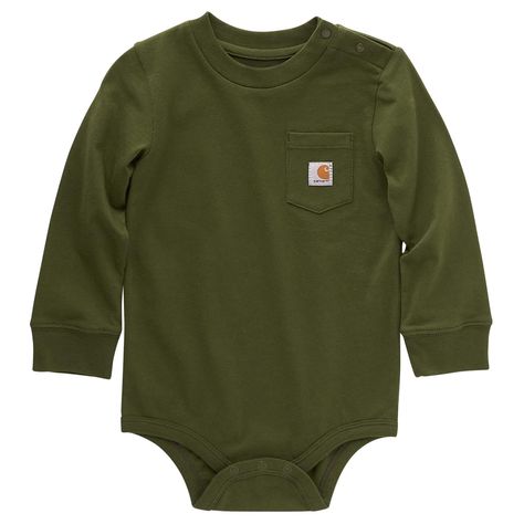 PRICES MAY VARY. 100% Cotton Jersey Imported Snap closure Machine Wash Rib-knit crewneck and cuffs hold their shape throughout the day Shoulder and crotch snaps for easy on and off Left-chest pocket with sewn-on Carhartt label Tagless neck label for a smooth feel Carhartt Kids, Carhartt Logo, Western Babies, Boy Fits, Boy Onesie, Boy Clothes, Boys Long Sleeve, Country Outfits