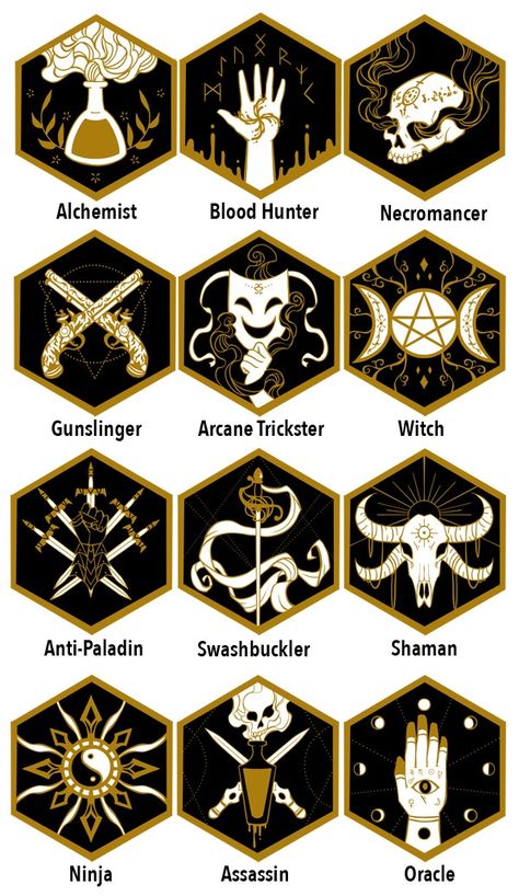 Choose Your Class Enamel Pins: Round two! by Alysa Avery — Kickstarter Magic Characters Design, D&d Class Symbols, Dnd Cleric Tattoo, D D Character, Dnd Class Art, D And D Characters Character Design, Magic Ideas Inspiration, Cool Powers To Give Characters, Dnd Class Symbols