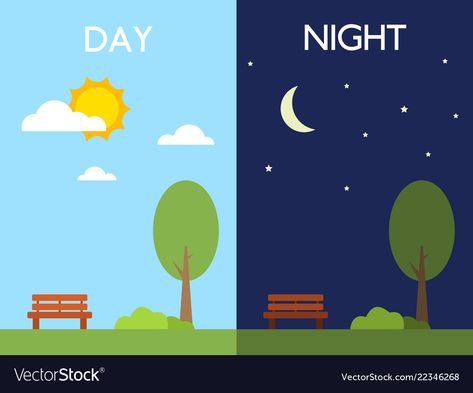 Day And Night Background, Day And Night Illustration, Opposites For Kids, Opposites Preschool, Farm Theme Preschool, Day Sky, Moon Tree, Sky With Clouds, Learning English For Kids