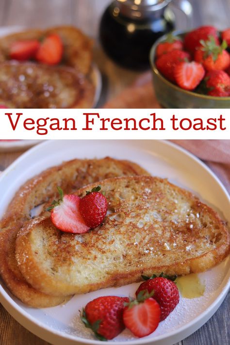 When a decadent breakfast is what you crave, look no further than vegan French toast. It sings with the flavors of vanilla and cinnamon. Then it’s finished with a dusting of powdered sugar, halved strawberries & drizzle of maple syrup.  #veganbrunch #veganbreakfast #veganFrenchtoast French Toast Without Milk, Ground Chia, Sweet French Toast, Egg Free Breakfast, Vegan French Toast, Vegan French, Quick Vegan Meals, Vegan Brunch, Classic Breakfast