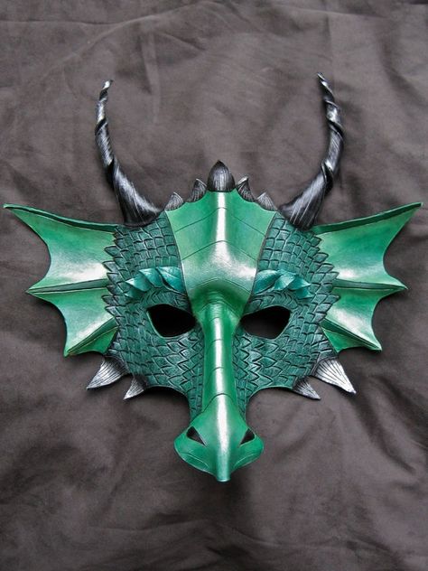 Hand-tooled leather dragon mask Diy Dragon Costume, Dragon Mask, Dragon Crafts, Dragon Costume, Leather Mask, Gold Dragon, Cool Masks, Dragon Wings, Green Dragon