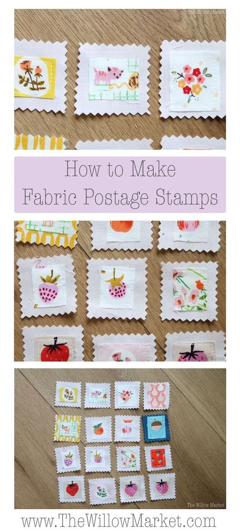 How to Make Fabric Postage Stamps – The Willow Market Postage Stamps Diy, Postage Stamps Crafts, Postage Stamp Quilt, Homemade Wreaths, Scrap Fabric Crafts, Rag Quilts, Fabric Postcards, Fabric Stamping, Fabric Bunting