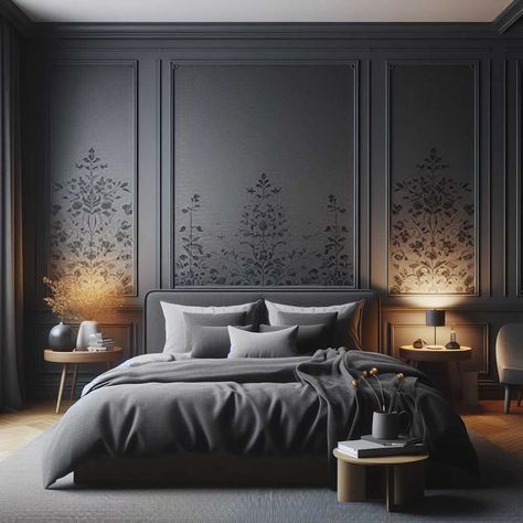 Bedroom Wallpaper Accent Wall, Black And Grey Bedroom, Dark Gray Bedroom, Monochrome Bedroom, White Wall Bedroom, Sage Green Bedroom, Dark Bedroom, Grey Bedroom, Grey Decor