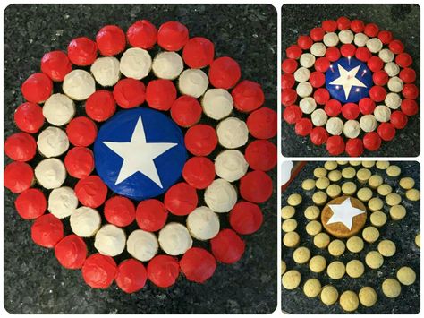 Avengers Hero: Captain America Shield Cupcake Cake, Made with 54 cupcakes two rows frosted red, and one frosted white, a small cake frosted blue, and a white fondant star. Avengers Cupcake Cake, America Cupcakes, Marvel Cupcakes, Captain America Cupcakes, Avenger Cupcakes, Captain America Party, White Fondant, Marvel Party, Pull Apart Cupcakes