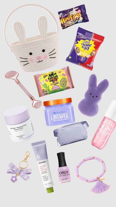 Easter Basket Ideas!! 🐣#easterbasket #easteraesthetic #easter #candy #bunny Bunny Basket Ideas, Teen Easter Basket Ideas, Easter Basket Ideas For Teens, Teen Easter, Teen Easter Basket, Making A Gift Basket, Valentine's Day Gift Baskets, Purple Bunny, Adorable Homes Game