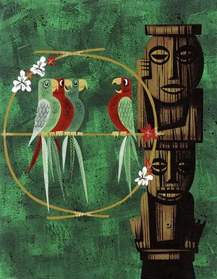 a painting of the Tiki Room poster. Walt Disney Tiki Tattoo, Disney Enchanted, Tiki Decor, Tiki Lounge, Enchanted Tiki Room, Tiki Art, Mid Century Illustration, Vintage Tiki, 45th Anniversary