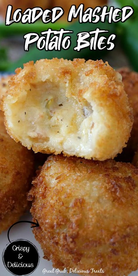 Deep Fried Mashed Potato Bites, Potato Crockette Recipes, Copycat Arbys Loaded Potato Bites, Potato Fritters Mashed, Mashed Potatoes Recipe Loaded, Loaded Mashed Potato Bites, Mashed Potato Appetizer Recipes, Appetizer Recipes Potato, Loaded Potato Bites Appetizers