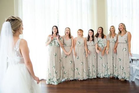 Bridesmaids first look of the Bride at the Lake Mary Events Center. Bridesmaids wearing flower neutral colored dresses. Wedding by At Last Wedding   Event Design. #weddingmorning #firstlook #bridesmaidsdress #bridesmaidsdresses #lakemaryeventscenter Bridesmaids First Look, Events Center, Night Hairstyles, Wedding Event Design, Designer Bridal Gowns, Cream Tones, Orlando Wedding, Best Wedding Dresses, Morning Wedding