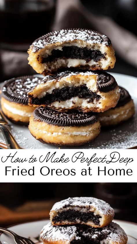 Treat yourself to perfectly fried Oreos made in your own kitchen! A delightful fall dessert idea, this recipe transforms the iconic cookie into a golden, batter-coated masterpiece. Finished with a sprinkle of powdered sugar, these irresistible treats are a surefire way to sweeten any day. Best Fried Oreos Recipe, Fried Dessert Recipes, Golden Oreo Desserts, Fried Oreos Recipe, Fried Desserts, Deep Fried Oreos, Oreo Treats, Fried Dessert, Fried Oreos