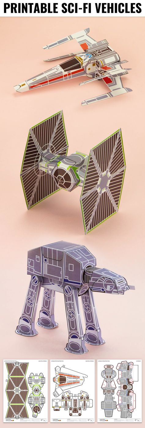 Printable Space Ship Sci-Fi Paper Toy Craft - Fold Up Toys, Star Wars, X-Wing, Tie-Fighter, At-at Star Wars Origami, Star Wars Crafts, Cardboard Model, Printable Star, Star Wars Diy, Star Wars Models, Folding Origami, Instruções Origami, Star Wars Day