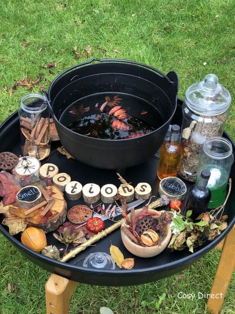 Mud Kitchen Potion Making, Cauldron Sensory Bin, Halloween Mini Cauldron Ideas, Forest School Halloween Ideas, Potion Making Eyfs, Eyfs Provocations, Outdoor Classroom Eyfs, October Worksheets, Cottagecore Classroom